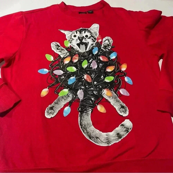 90’s Mad Engine's‎ Red Crazy Cat w/ Christmas Lights Graphic Sweatshirt Medium - Picture 1 of 4
